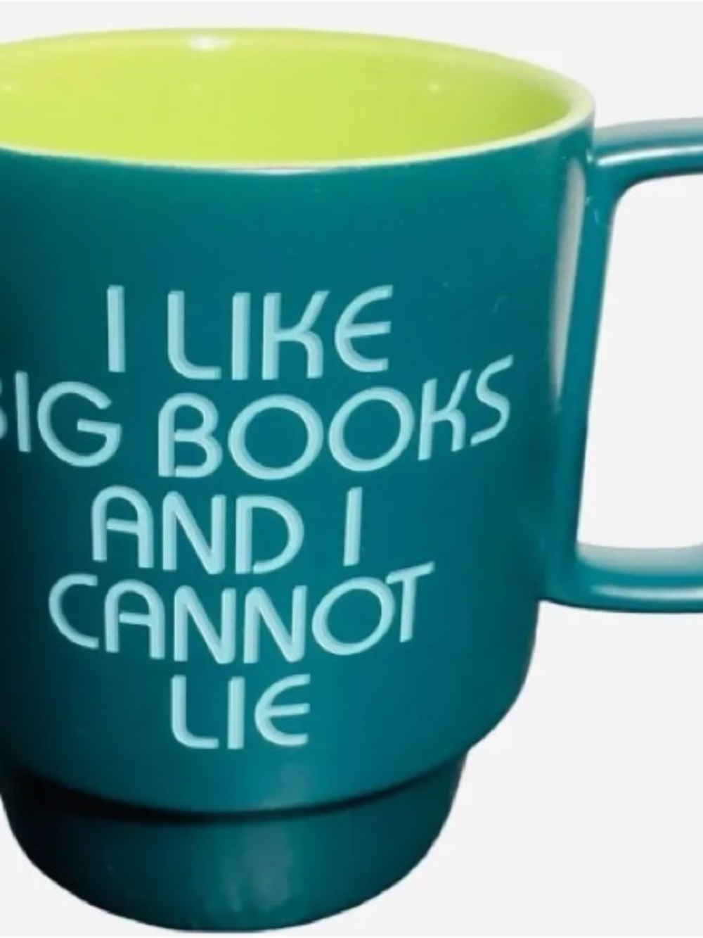 Teal and Lime Ceramic Mug with Playful Book Quote